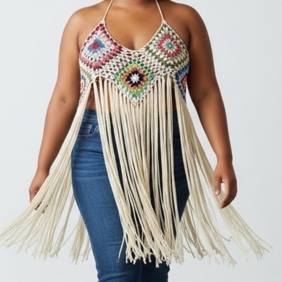SHEIN Tops - 3XL Crochet Granny Square Fringe‎ Halter Top Boho Festival hippie 70s style